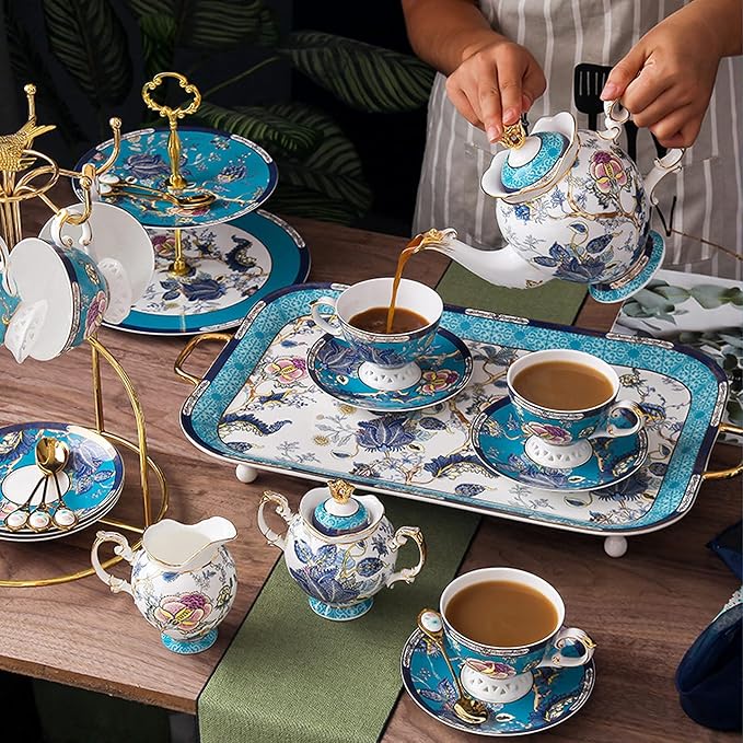 ACMLIFE Porcelain Tea Sets with 24K Gold, Vintage British English Afternoon Tea Sets for 6, Luxury Tea Sets for Women Party for Gifts Tea Sets for Adults Bone China