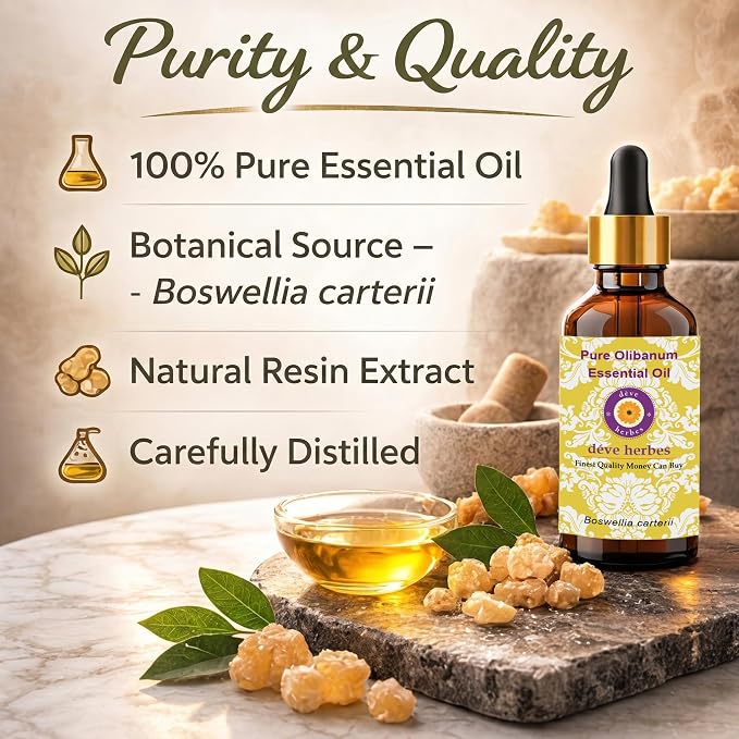Deve Herbes Pure Olibanum Essential Oil (Boswellia carterii) Steam Distilled 10ml (0.33 oz)