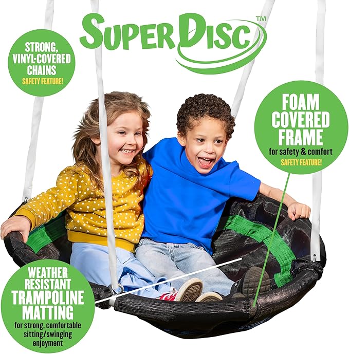 SuperDisc Swing Set with SuperDisc Swing. 5 User Capacity, Easy Assembly, Metal Frame Backyard Playground Set for Kids. with Padded Frame Legs for Safety. 148" L x 93" W x 74" H, by XDP Recreation