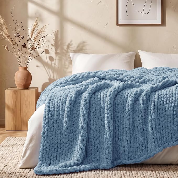 L'AGRATY Chunky Knit Throw Blanket for Couch, 50 x 70 Inches, Airy Blue | Handmade Chenille Crochet Blanket for Sofa Bed, Thick Cable Knitted Blankets for Room Home Decor, Birthday Gift for Women Mom