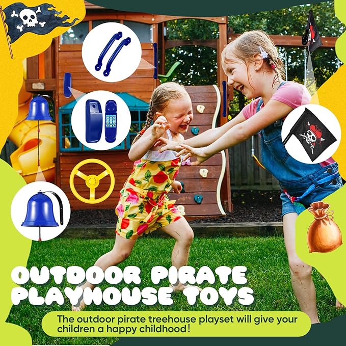 Foilswirl Swing Set Accessories Outdoor Playground Accessories Backyard Playground Equipment with Telephone, Ship Wheel, Telescope, Bell, Safety Handle Bars, Pirate Flag for Playhouse (Blue, Yellow)