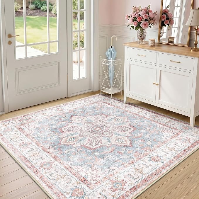 CAPALOCA Square 5ft Washable Nursery Girls Low Pile Area Rug Pink Blue | Non-Slip Soft Rugs for Bedroom Kids Playroom Living Room, Print Pattern Water Repellent Carpet Indoor Decor