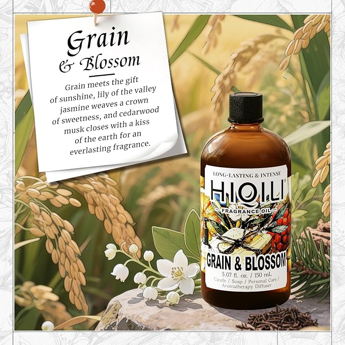 HIQILI Grain & Blossom Fragrance Oil for Diffuser, Candle & Solid Perfume | Fresh Floral Aroma For DIY Creations, Gentle For Body Use, Ideal For Diffuser, Candles & Solid Perfume - 150mL / 5.07 Fl Oz