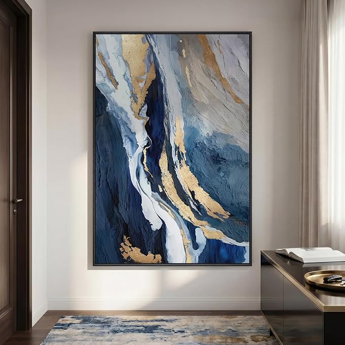 Extra Large Framed Navy Blue Abstract Wall Art for Living Room, Oversized Blue and Gold Vertical Canvas Prints Paintings Artwork for Walls, Modern Pictures Wall Decor for Bedroom Dining Room 40x60 In