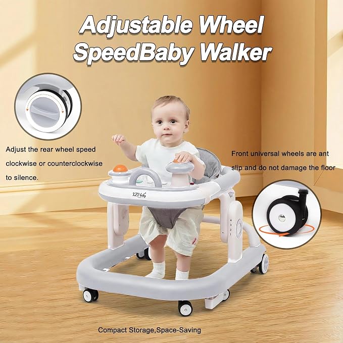 5-in-1 Baby Walker with Wheels Foldable Height-Adjustable Walker for Baby Boy 6-12 Months with Feeding Tray Multi-Functional Activity Center Battery-Free Function (Grey)