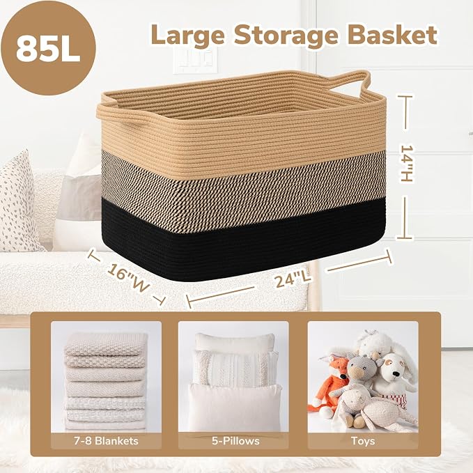 Goodpick 85L Large Woven Blanket Basket, Rectangle, Black Jute | 23.6'' x 15.7'' x 13.8'' Wicker Storage Basket for Blankets, Pillows & Toys, Living Room, Bedroom & Nursery Organization