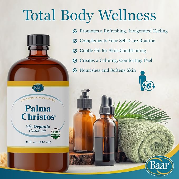 Baar Palma Christos Organic Castor Oil, Amber Glass Bottle, Cold-Pressed, Hexane-Free, for Skin, Hair, Eyelashes, Brows, Scalp, Massage & Castor Oil Packs, 32 oz