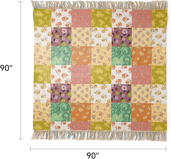RILIHO 100% Cotton Boho Throw Blanket for Home Decor – Classic Farmhouse Quilt Bedding, Muslin Blankets for Adults, Vintage Woven Decorative Blanket for Couch, Bed Layering Use, Patchwork, 90"x90"
