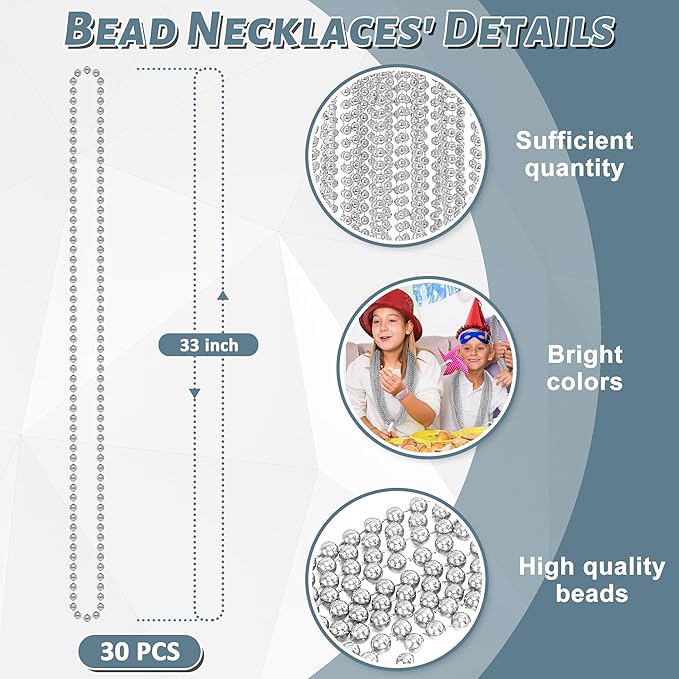 30PCS Bead Necklace, Silver Christmas Bead Stuff Party Favors, 33" Xmas Festival Necklaces Accessorie Bulk, Mardi Gras Beads Parade Throw Accessories for Wedding Birthday Celebrations Decorations