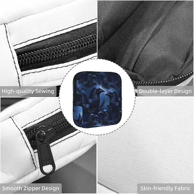 Multifunctional Storage Pouch with Zipper, Black Crow Raven Bird Art Art, Polyester Period Bag Stores Menstrual Cup Nursing Pad Cosmetic Keys