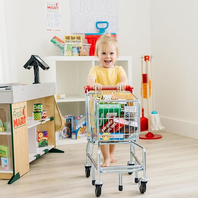 Melissa & Doug Toy Shopping Cart, Grocery Store Pretend Play Toys with Sturdy Metal Frame & Working Wheels, Toddler Shopping Cart, Preschool Learning Toys for Girls & Boys 3+