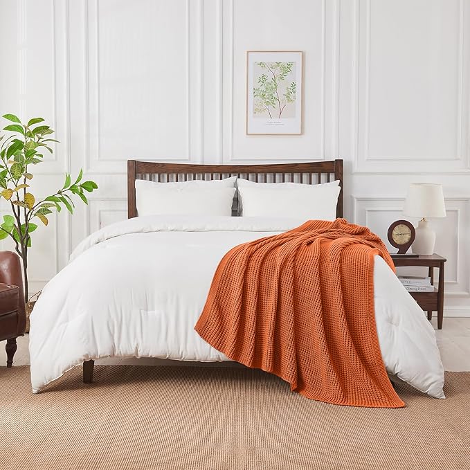 Douceur Rust Orange Throw Blanket for Bed, Soft Chunky Cable Knit Throw Blanket, Classic Fisherman's Rib Stitch Pattern Throw for Living Room,50"X60"