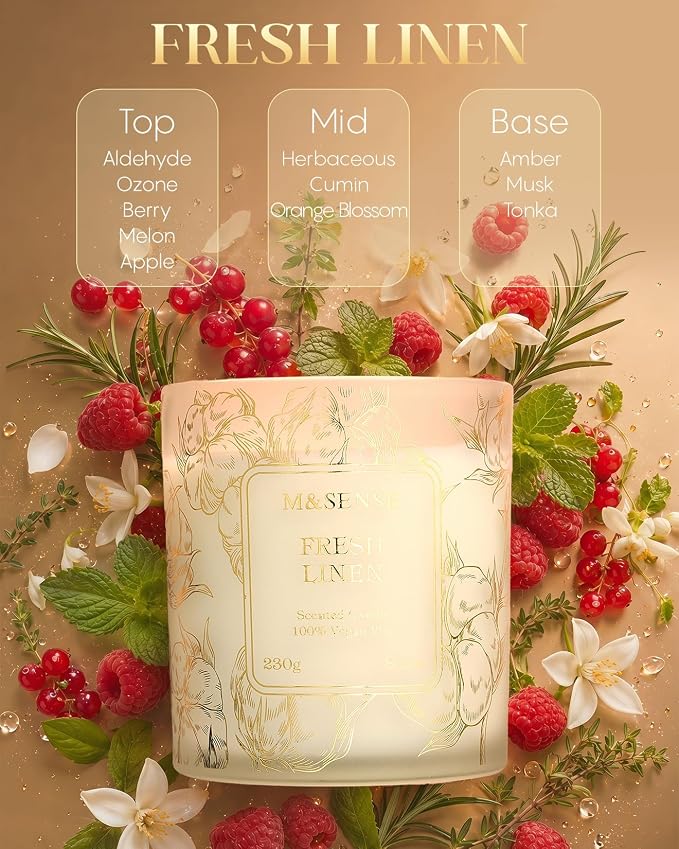 M&SENSE Fresh Linen Soy Candle, 8.1oz Gilded Glass, Home Refresh Gift | 42H Long Burn, Air Purifying Stress Relief Scent, Non-Toxic, Warmer Friendly, Reusable Jar