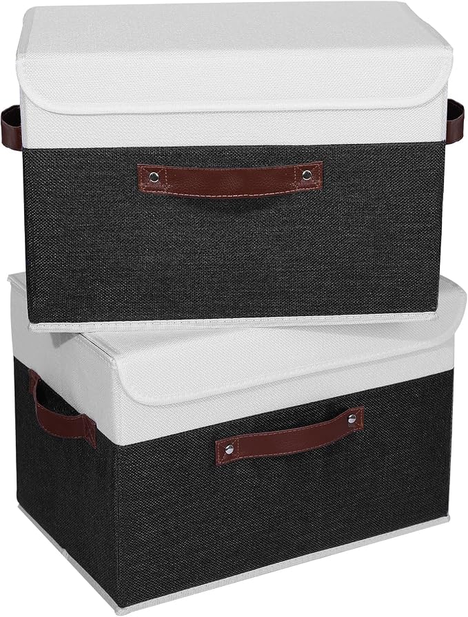 ANMINY Fabric Storage Box Bins with Lids, Black White, 15"x10"x10", 2 Pack | Keepsake Memory Storage, Cotton Linen, PP Board Reinforced, Washable, PU Handles, Foldable & Stackable, Decorative, Large