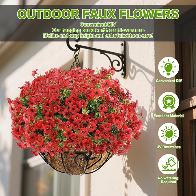 13 Bundles Artificial Flowers for Outdoors Summer Decoration | Silk Realistic UV Resistant Fake Plants Faux Flowers for Outside Planter Porch Yard Patio Garden Home Indoor, Red