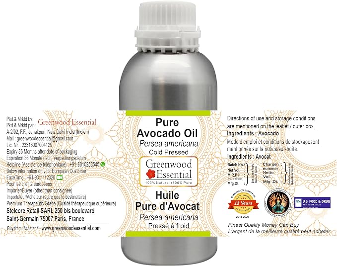 Greenwood Essential Pure Avocado Oil (Persea americana) Cold Pressed 1250ml (42 oz)