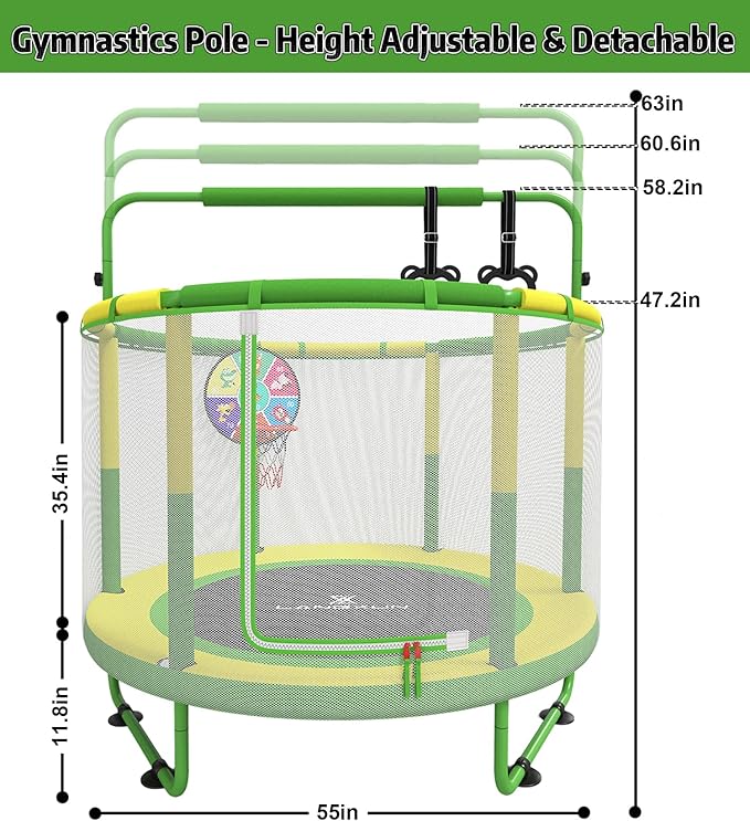 LANGXUN 60" Trampoline for Kids, 5ft Toddler Mini 6-in-1 Trampoline Indoor Outdoor with Swing, Basketball Hoop, Dart Board, Gymnastics Bar, Rings, Christmas Toys Birthday Gifts for Girls Boys