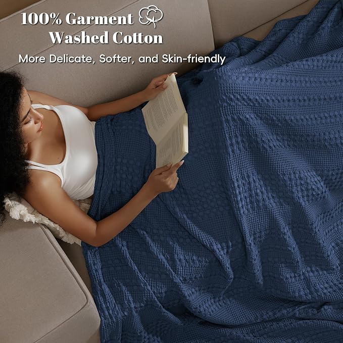 PHF 100% Cotton Waffle Blanket Oversized King 120"x120", Lightweight Breathable Extra Large 10'x10' Blankets for Bed, Giant Big Luxury Aesthetic Woven Bedding for Home Decor, Blue Sapphire