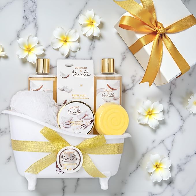 Spa Gifts for Women & Men Coconut Vanilla Bath & Body Self Care Gift Basket | Perfect Gifts Mom, Birthday Gift, All Occasion Holiday Present Spa Gift Basket for Women & Men Pamper Kit- 8-Piece Bath Kit