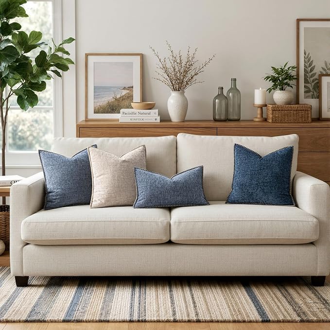 MIULEE Decorative Couch Throw Pillow Covers 18x18 in Dark Grey Blue 2 Pack | Farmhouse Pillow Covers with Stitched Edge, Soft Chenille Cushion Cases, for Sofa Bed Living Room Home Decor