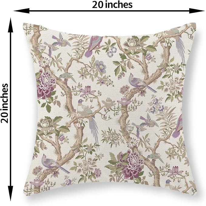 GOLIANDA Chinoiserie Pillow Covers 20x20 Set of 2 Purple Green Floral Bird Throw Pillows Vintage Flowers Bird Decorative Pillow Cases Outdoor Chinoiserie Decor Farmhouse Cushion Case for Couch Sofa