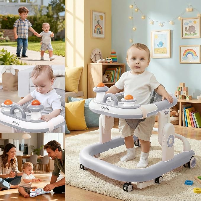 5-in-1 Baby Walker with Wheels Foldable Height-Adjustable Walker for Baby Boy 6-12 Months with Feeding Tray Multi-Functional Activity Center Battery-Free Function (Grey)