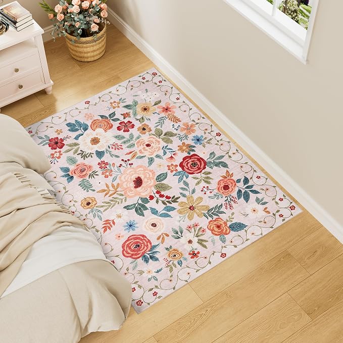 DUKINO 3x4 Area Rug, Floral Washable Rug for Kitchen Non Slip, Beige | Low Pile, Soft, Stain Resistant Indoor Rug for Entryway, Bedroom, Bathroom, Laundry, Pet Friendly, Home Decor, Lightweight
