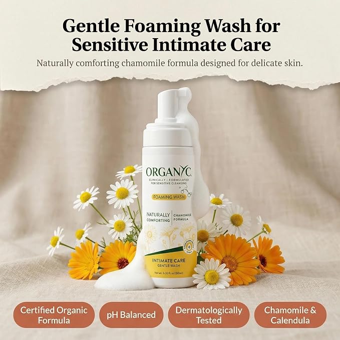 Organyc Intimate Foaming Wash for Women, Sensitive Skin Care, Certified Organic Ingredients, pH Balanced, Chamomile & Calendula, Gentle Daily Cleanser, 6.08 fl oz