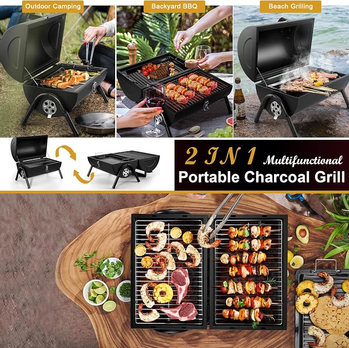 Joyfair Portable Charcoal Grill, Small Outdoor Camping Tabletop BBQ Grills | 2 IN 1 Double-Sided Barbecue Grill with Food Tray & Rack for Home Patio BBQ Grilling, Heavy Duty & Multi-use, (230Sq.in)