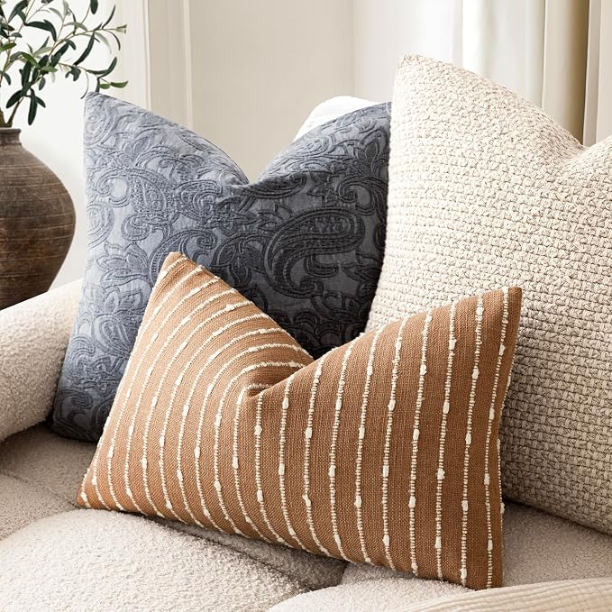 Foindtower Pack of 2 Decorative Jacquard Boucle Lumbar Throw Pillow Covers Accent Textured Striped Pillowcases Cozy Boho Cushion for Couch Sofa Bedroom Living Room Home Decor 12x20 Inch Rust Tobacco