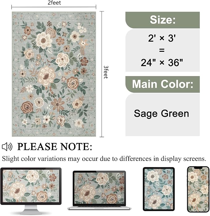 DUKINO 2x3 Entryway Rug, Door Mat Soft Washable Rug Non Slip, Sage Green | Low Pile, Non-Shedding Small Rug for Kitchen, Entrance, Bedroom, Bathroom, Pet Friendly, Stain Resistant, Modern Home Decor