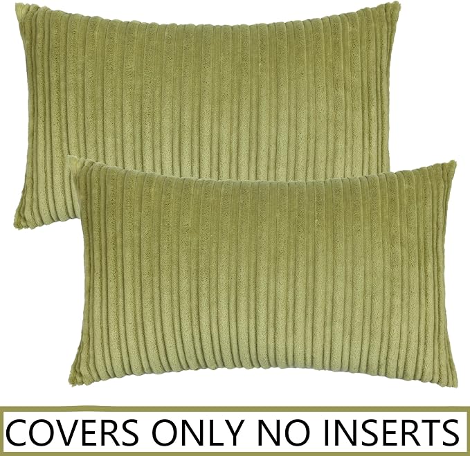 UGASA Pack of 2, Velvet Pillow Covers Striped, Soft Textured Throw Cushion Case Set, Accent Corduroy Lumbar Pillowcases with Hidden Zipper for Home Decor Indoor Outdoor (12"x20", Green)