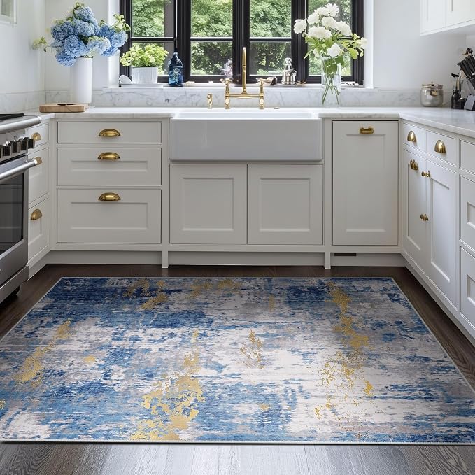 RELEANY Washable 4'x6' Abstract Area Rug for Living Room Blue Gold | carpet for bedroom, kitchen, office, hallway and entryway, printed pattern, non-slip, soft, stain-resistant, easy to clean