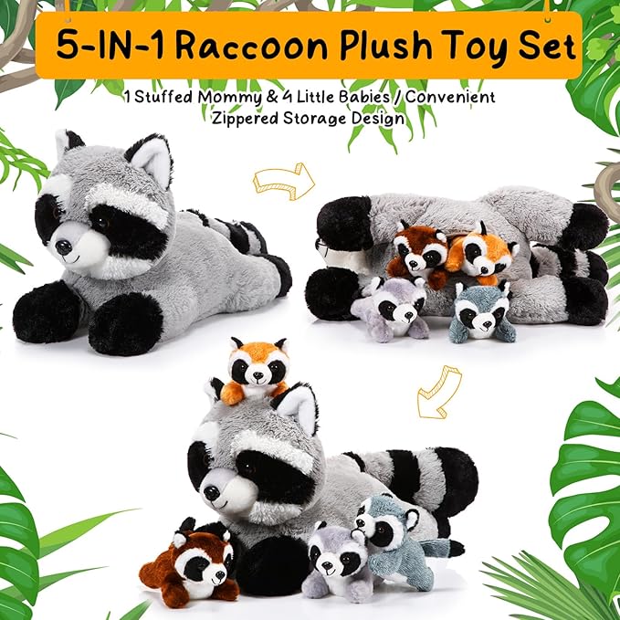 5 Pcs Raccoon Stuffed Animal Set Adorable Mommy Raccoon Plush with 4 Cute Babies in Tummy Soft Cuddly Plushie for Birthday Woodland Party Decor(Lovely Style)