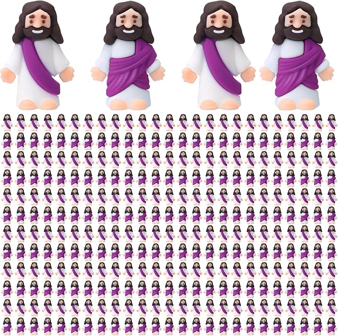 Bememo 300 Pcs Little Jesus Figures Bulk Original Design Mini Pocket Jesus Toys Rubber Figurine to Hide and Seek Religious Party Favors Sunday School Craft Baptism Gifts(Purple)