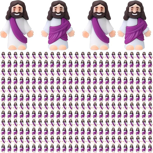 Bememo 300 Pcs Little Jesus Figures Bulk Original Design Mini Pocket Jesus Toys Rubber Figurine to Hide and Seek Religious Party Favors Sunday School Craft Baptism Gifts(Purple)