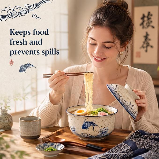 LemonRoad 4 Pack 25oz Japanese Dinnerware Set Ceramic Ramen Bowl with Lid Microwavable with Chopsticks and Spoon Korean Soup Bowl Clay Pot for Noodle Rice Porridge(Fish)