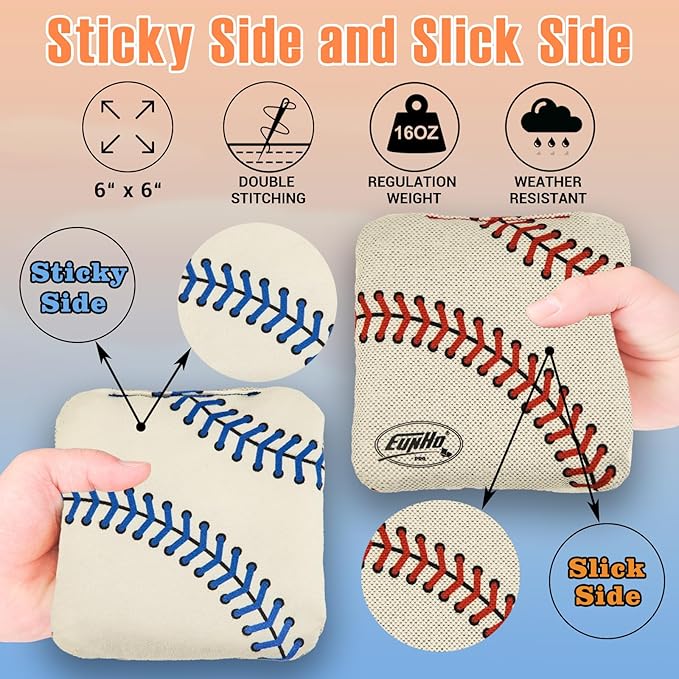 EunHo Regulation Cornhole Bags Set of 8 - Dual Sided Slick and Stick Cornhole Bean Bags for Tossing Game Professional All Weather Pro Corn Hole Bags with Tote Bag