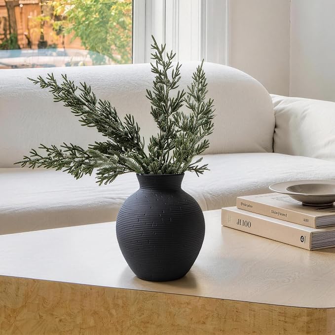 Ceramic Flower Vase Home Decor, 6 in Farmhouse Table Black Vases Rustic Vintage Living Room Kitchen Bedroom Decorations Pottery Decorative Vase for House Book Shelf Office Coffee Desk Dining Fireplace