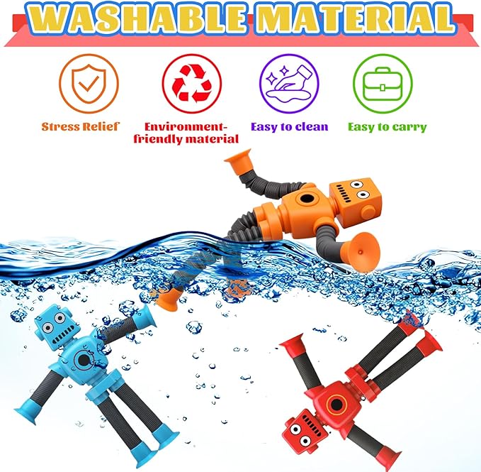 14PCS Suction Cup Pop Tube Sensory Toys, Basket Stocking Stuffer Set for Kids Toddlers, Funny Robot Action Figure Bendable Fidget Toy Gift Birthday Party Favors