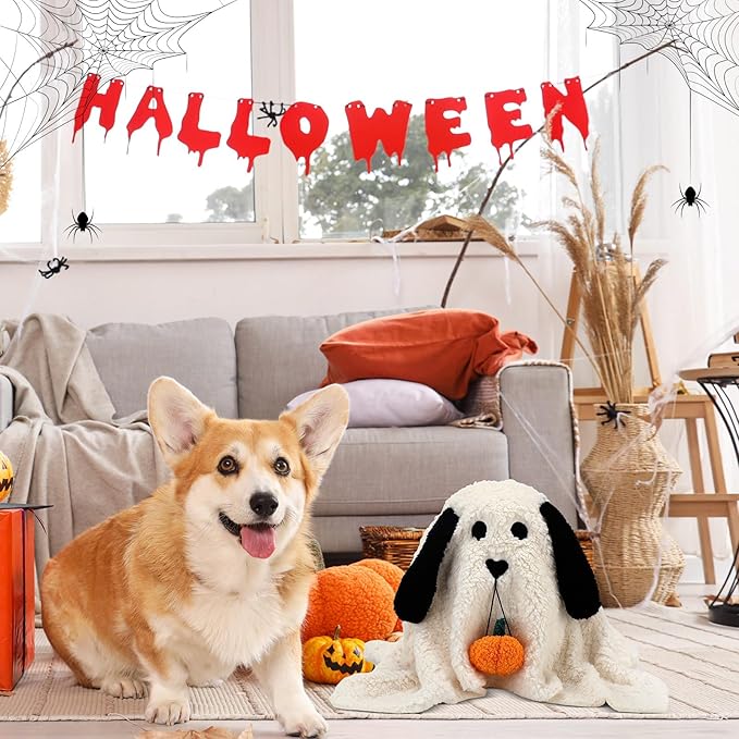11.8 Inch Halloween Dog Ghost Shaped Throw Pillow with Pumpkin Toy Ghost Plush Pillow Cute Spooky Stuffed Animal Soft Halloween Party Decoration for Couch Sofa Home Decor