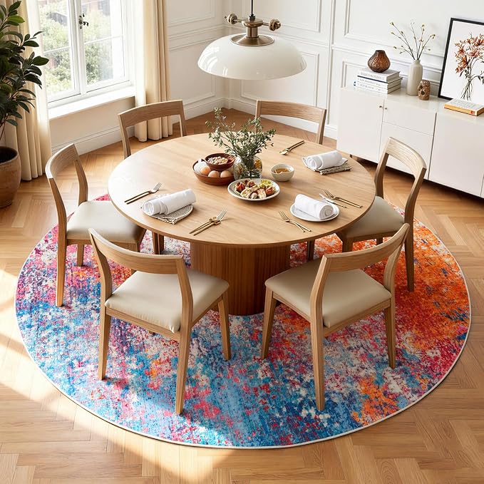 Rugflix Round Area Rugs 6Ft for Living Room, Washable Colorful Circle Rug | Machine Washable; Stain-Resistant; Low Pile; Non-Slip; Modern Abstract; Carpet for Bedroom Dining Office Nursery Home