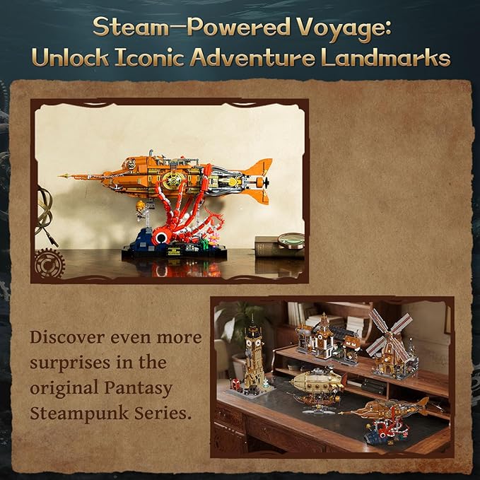 PANTASY Steampunk Nautilus Submarine Building Set, Modular 3-Section Design with Gear-Linked Propeller, Mini Boat & Undersea Adventure Scene, Retro Mechanical Collectible Model Kit for Adults