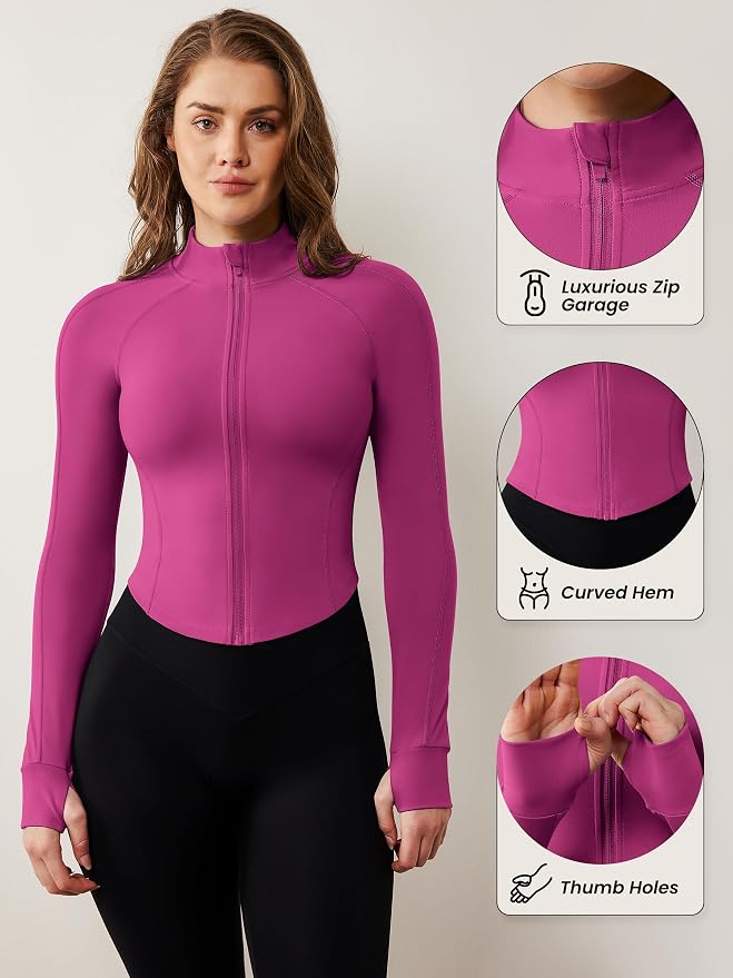 AVGO Women's Workout Jacket Lightweight Zip Up Cropped Yoga Jackets Slim Fit Athletic Tops with Thumb Holes