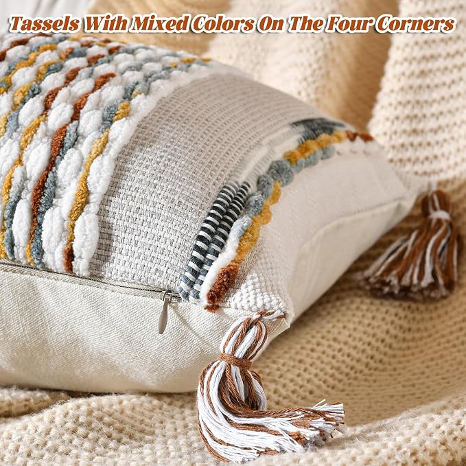 Chenille Striped Textured Boho Throw Pillow Covers Aesthetic with Tassels Woven Decorative Pillow Case for Couch Bed Sofa Bedroom Modern Funky 14 x 36-Inch Brown