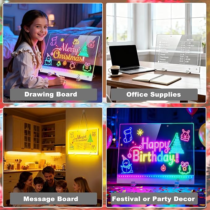 17" LED Note Board with Colors, 7 Light Effects Rechargeable Acrylic Led Drawing Board for Kids, Doodle Glow Dry Erase Lumi Boards with 12 Markers as Birthday & Christmas Gifts for Teen Girls & Boys