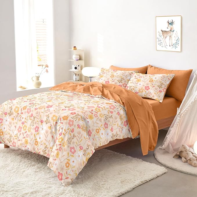 Wake In Cloud - Floral Bedding Set for Girls, Cute Colorful Botanical Flowers Deers Patterned Soft Lightweight Comforter Set with Sheets, 5 Pieces Kids Bed in a Bag, Orange Brown, Twin Size