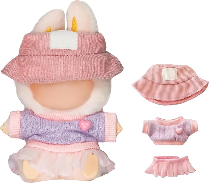 17cm Doll Clothes Outfits - Cozy Knit Top & Beanie Hat for Plush/Blind Box Collectibles (Pink Skirt)