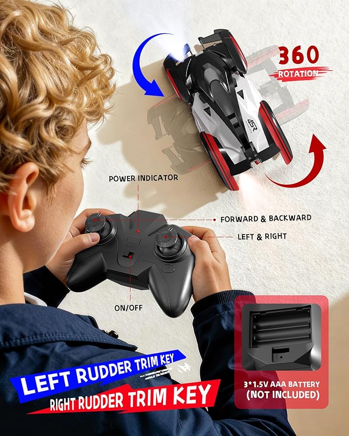 Wheat Run Wall Climbing Remote Control Car, Dual Mode 360° Rotating RC Stunt Car with Headlight, USB-C Rechargeable Race Vehicle, Indoor Wall Toys for Boys Ages 3+, Gifts for Kids Birthday