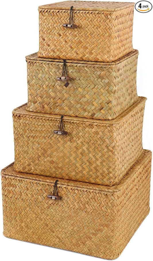 Moosky Wicker Shelf Baskets with Lid, Handwoven Seagrass Storage Basket Bins Square Gift Boxes for Shelves Home Decor Organizer (Natural, Set of 4)